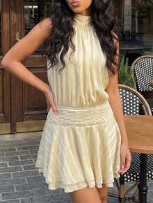 Women Chiffon Mini Halter Neck Dress Pleated Sleeveless Open Back A-Line Layered Ruffle Short Dress Vacation Club Party Wear - Yellow - View 5