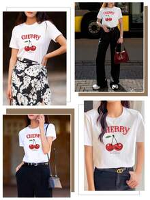 Women's White T-Shirt, Casual Short-Sleeved T-Shirt, Round Neck, Cherry Print, Casual Spring And Summer Wear,  Blouse, Casual Fit T-Shirt Style - 白色 - 查看 7