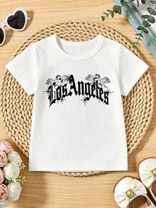 Soft, Casual Short-Sleeved, Crew-Neck T-Shirt For Girls With A Gothic Los Angeles Print, Ideal For Spring And Summer. White - 白色 - 查看 4