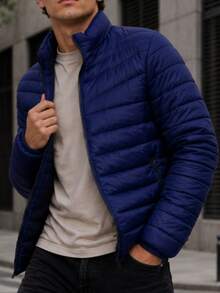 Men's HPC Polo Fleece Puffer Jacket, Warm, Casual, Basic, No Hood, Youthful And Modern Style, Ideal For Winter Or Cold Weather - 藏蓝色 - 查看 4