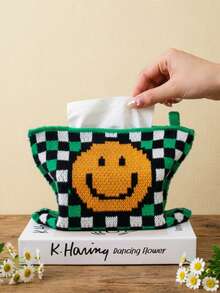 1pc Plaid Woven Tissue Box Cover, Vintage Geometric Pattern With Smiling Face Jacquard Knit, Fits Standard Tissue Boxes - Multicolor - View 10