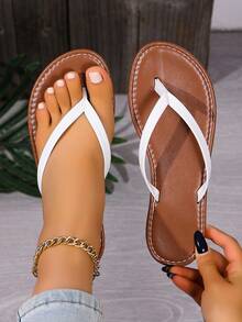 Spring/Summer New Thong Sandals, Round Toe Flat Flip Flops, Casual Indoor/Outdoor Slippers - White Brown - View 7