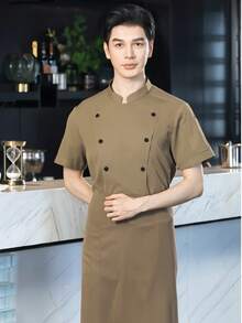 New Fashion Chef Uniform Khaki Short Sleeve High-End Hotel Restaurant Kitchen Bakery Coffee Shop Apparel Washable Non-Fading Non-Pilling Non-Shrinking Non-Deforming 3D Skin-Friendly Breathable Exquisite Custom Buttons Fashionable Elegant - Khaki - View 5