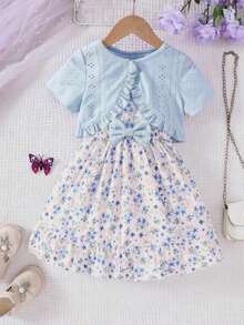 Young Girls Spring/Summer Knitted Hollow Out Cropped Top & Floral Print Sleeveless Dress 2 Pieces Casual Set - Blue - View 5