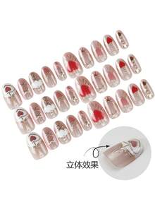 30pcs Almond Shaped/Cute Sweet Korean/Japanese Style False Nail Stickers For Women, Suitable For Parties, Festivals And Daily Use. Includes 1pc Glue And 1pc Nail File - Multicolor - View 4
