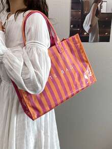 Fashionable College Style Large Capacity Tote Bag - Lightweight PVC And Kraft Paper Material, Hook And Loop Closure Design, Women's Fashion - Multicolor - View 2