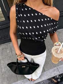 1pc Polka Dot Asymmetric Shoulder Fitted Elegant Top For Women, Lining, Suitable For Summer Vacation, Casual, Work, Dating Black - Black - View 2