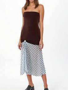 Women Strapless Midi Dress Slim Off Shoulder Sleeveless Dot Print Patchwork Ruffled Hem Dresses For Daily Party Club - 深棕色 - 查看 1