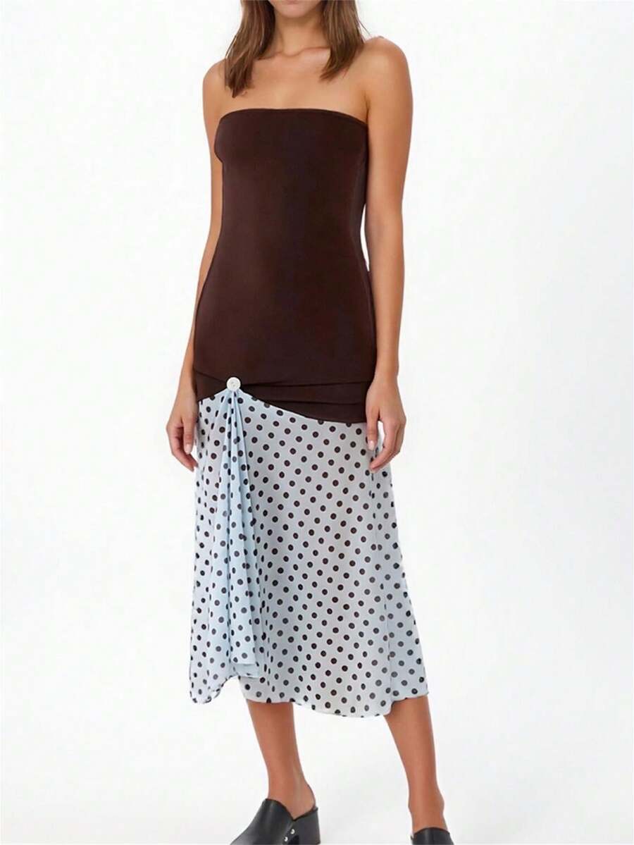 Women Strapless Midi Dress Slim Off Shoulder Sleeveless Dot Print Patchwork Ruffled Hem Dresses For Daily Party Club - 深棕色 - 查看 1