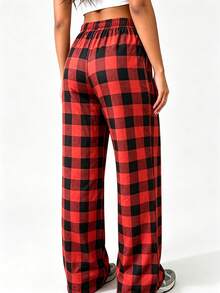 Retro Red Black Plaid Tie Waist Pajama Pants Loose Slim Fit Comfortable Breathable Casual Home Trousers. - Red - View 5