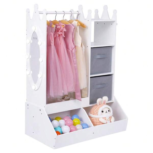 Armario vestidor infantil con luz y espejo – Perchero abierto de madera, estante y organizador – Mueble para dormitorio de niñas
