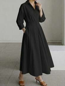 Vestido Camisero Minimalista con Cintura Ceñida, con Diseño de Cuello y Pechera Simple, Mangas 3/4 y Falda Midi en Forma de A. Elegante y Chic sin Esfuerzo para el Trabajo, Negocios Ligeros y Uso Diario. Negro Elegante - Negro - Ver 5