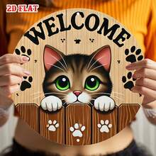 Placa de Metal Plana 2D - Alumínio, com Design Fofo de Gato, Diâmetro de 7,8 Polegadas. Esta peça de arte de parede em estilo rústico é perfeita para decorar sua casa, garagem, área de jantar ou café. - A - Visão 6