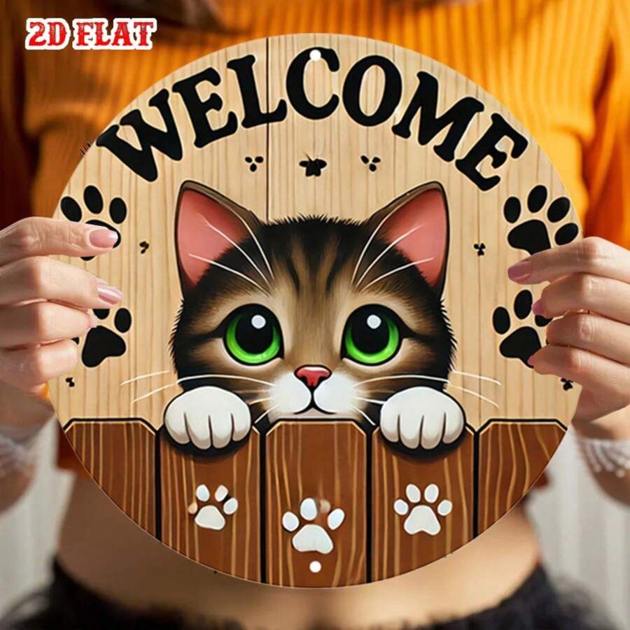 2D Flat - Aluminum Metal Sign, Featuring Cute Cat Design, 7.8 Inch Diameter. This Rustic Style Wall Art Piece Is Perfect For Decorating Your Home, Garage, Dining Area Or Cafe.