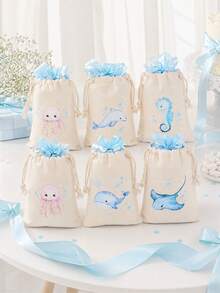 6pcs Drawstring Gift Bags, Ocean Animal Theme, Shark, Whale, Jellyfish And Seahorse Fun Patterns, Suitable For Baby Shower, Birthday Party And Ocean Theme Events - Multicolor - View 1