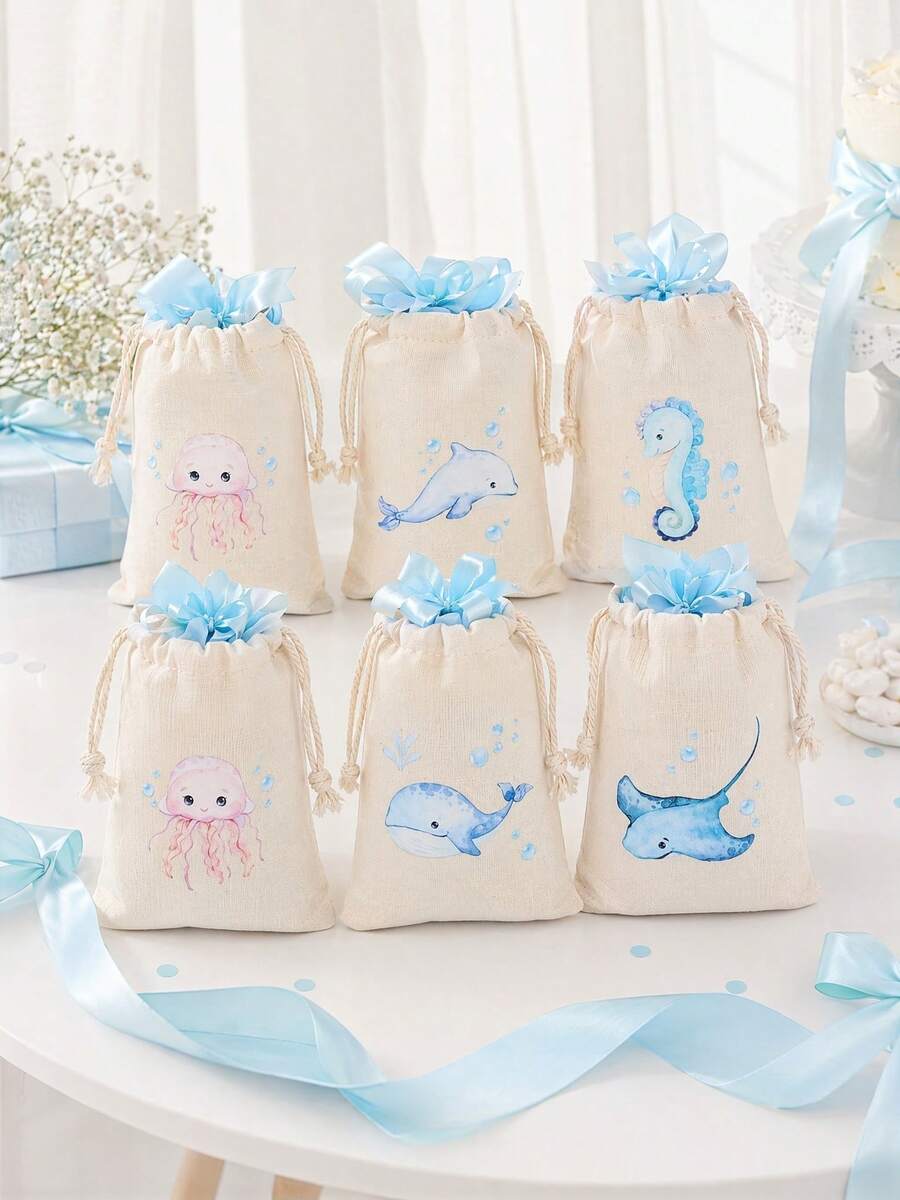 6pcs Drawstring Gift Bags, Ocean Animal Theme, Shark, Whale, Jellyfish And Seahorse Fun Patterns, Suitable For Baby Shower, Birthday Party And Ocean Theme Events - Multicolor - View 1