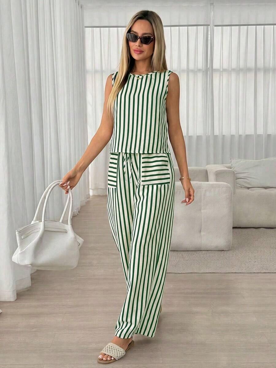 Conjunto informal de top y pantalones a rayas para mujer - Verde - Ver 1