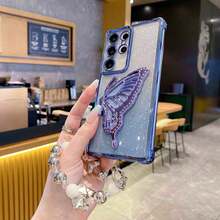 1 Pair Butterfly + Bracelet Holder, Shockproof/TPU Silicone Soft Edge Luxury Protective Phone Case With Dust-Proof Holes, Suitable For Samsung Galaxy S24 Ultra/S24 Plus/S24/S23 Ultra/S23 Plus/S23/S22 Ultra/S22 Plus/S22/S21 Ultra/S21 Plus/S21 FE/S23 FE/S20 Ultra/S20 Plus/S20 FE And Holder Electroplated + TPU Silicone Soft Edge Full Coverage High-End Protective Case, Suitable For A5X/C1 2 3 4 5 6 7 8 9/9 8 7 6 5 4 3 2 1 And A1 2 3 4 5 6 7 8 9 9 8 7 6 5 4 3 2 1 - Blue - View 3