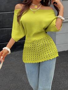 Blusa de punto de manga corta para mujer, top tipo pullover con hombros descubiertos, sexy, con cintura definida, efecto adelgazante y calados, estilo casual elegante de moda, para uso diario y atuendo de vacaciones de verano - Mostaza Amarilla - Ver 4