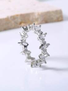 Nooxian 1pc Asymmetrical Square Interlocking Trapezoid Cubic Zirconia Ring, Transparent Gemstone Knuckle Ring Jewelry Accessory For Women - Silver - View 4