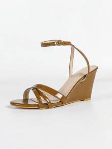 Sandales à talons hauts compensés et plateforme de 8 cm pour femmes, élégantes et à la mode, marron, bout rond, bride à la cheville et croisées, charmantes et magnifiques, pour soirée, banquet, fête, vacances, plage, activités de plein air et usage quotidien - Tabac - Voir 7