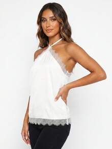 Womens Lace Trim Halter Tops Summer Fashionable Spaghetti Strap Open Back Satin Vest - White - View 5