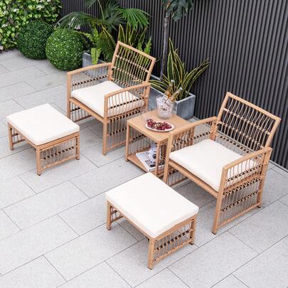  COSTWAY 5 Piece Patio Wicker Sofa Set, Outdoor Rattan Conversation Set W/ Seat & Back Cushions, 2-Tier Coffee Table & 2 Ottomans, Wicker Sofa Set For Backyard, Poolside, Natural