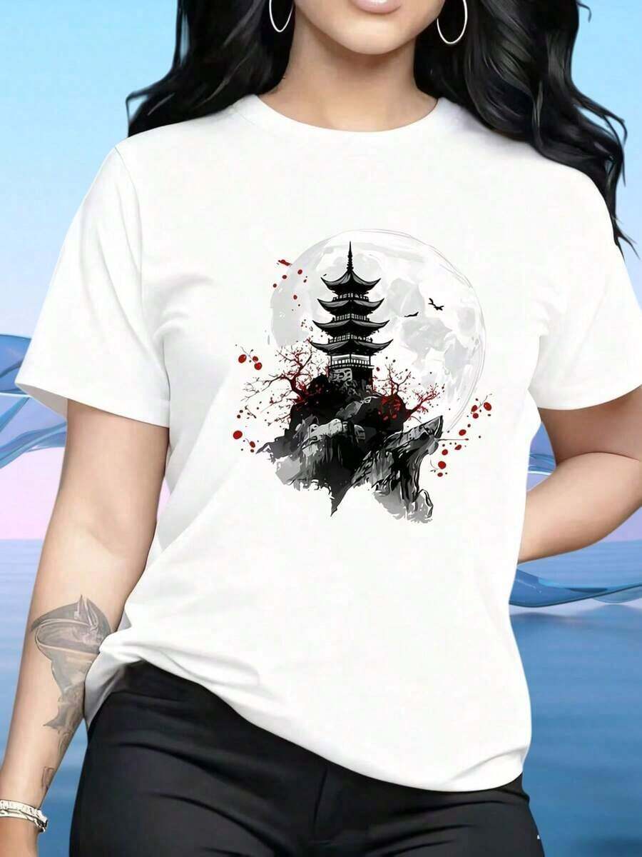 Women's T-Shirt, Asian Pagoda Moonscape T-Shirt, Women's Fashion, Graphic T-Shirt, Art Design, Casual Wear, Suitable For: Home, Sports, Festivals, Valentine's Day, St. Patrick's Day, Easter, T-Shirt, 220g - 白色 - 查看 1