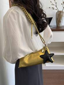 1pc Women's Shoulder Bag, Unique Strap Design, Shoulder Baguette Bag, With Star Charm Accessory - Gold - View 3