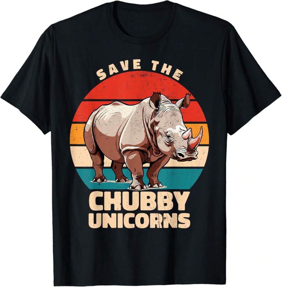 Funny Rhino Retro Sunset Gift Unisex T-Shirt - 黑色 - 查看 1