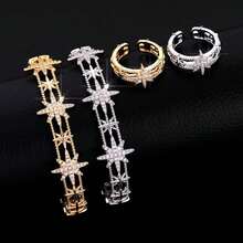 Bộ 2 chiếc vòng tay và nhẫn đính đá hình ngôi sao, mạ vàng/bạc cao cấp, có thể điều chỉnh kích cỡ, thích hợp cho tiệc tùng và trang sức hàng ngày. - Bạc - Xem 3