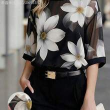 Fengyu Women's Clothing Store  Camisa de mujer con estampado floral de cuello redondo, versátil y casual para uso diario - Morado - Ver 2