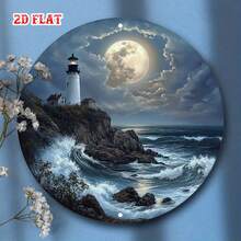 2D Flat - Round Metal Sign, Depicting A Lighthouse Under A Full Moon By The Sea, Vintage Country Style Design, Perfect For Vintage Home Decor - Multicolor - View 5