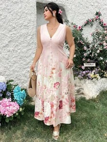 Vestido de verano romántico sin mangas con cuello en V profundo para mujer de talla - Multicolor - Ver 3