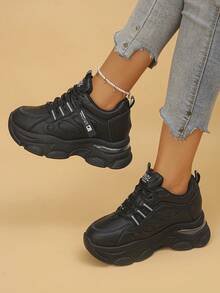 Women's Platform Sneakers, Casual Lace-Up Letter Print Sporty Trainers, Suitable For Spring And Autumn - Black - View 2