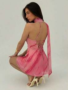 Vestido corto sin mangas con estampado de teñido anudado para mujer - Burdeos 2 - Ver 8