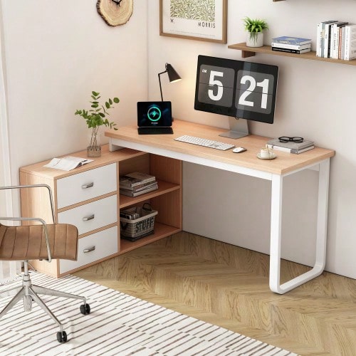 Simple Desk, Office Desk, Three Drawers, Two Open Shelves, Solid Steel Tube Frame, Wide And Thick Top, High Load Capacity, Natural Appearance - Màu tự nhiên - Xem 10
