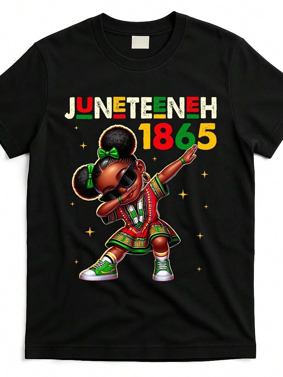Men's Casual Urban Style T-Shirt With 'Juneteenth Dabbing Black Queen Melanin Brown Skin Dab' Design, Made Of Comfortable Cotton, With Round Neck And Short Sleeves - 黑色 - 查看 1