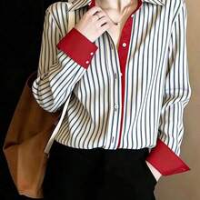 Camisa de mujer de manga larga con cuello, con ribete de contraste rojo, bajo asimétrico, camisa polo de rayas azul marino y rojo, elegante y casual francesa, para uso diario en primavera, color blanco - Verde - Ver 7