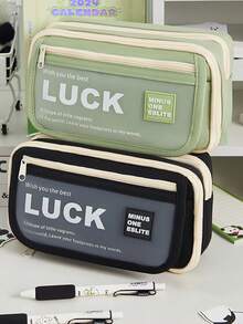 Luck Pencil Bag Pen Case Best Wish Frosted Front Multi Slots Mesh Pocket Storage Pouch For Stationery School - Multicolor - View 10