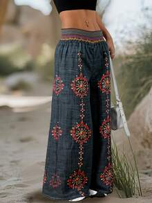 Plus Size - Plus Size - New Spring/Autumn Design Niche High Waist Retro Loose Casual Pants With Random Print Wide Leg - Black - View 2