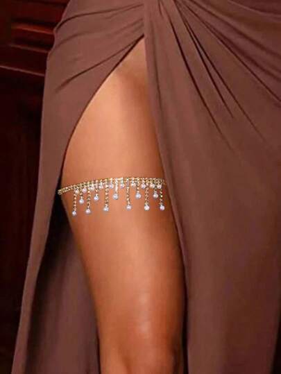 1pc Gold Pearl Tassel Leg Chain, Fashionable Sexy Crystal Body Chain Accessory, Suitable For Summer Beach Vacation