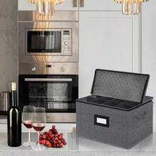 Caja de almacenamiento para copas de vino con divisores para 12 unidades contenedor de almacenamiento de cerámica rígida estuche de cristalería apilable con asas y etiqueta almacenamiento - Grisoscuro - Ver 3
