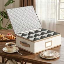 Caja para tazas con ribete cuero organizador tazas café apilable carcasa dura con divisores contenedores para tazas con tapa asas y cierre - Beis - Ver 3