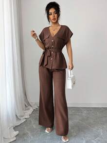 Lily House Women's Autumn/Summer 2-Piece Set, V-Neck Short Sleeve Tie-Front Blouse + High-Waisted Wide-Leg Pants, Elegant Casual, Suitable For Office And Back To School - Brown - View 11