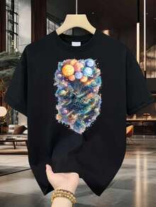 Camiseta de Algodón para Hombre con Estampado de Astronauta, Planeta Espacial y Globo, Algodón de Alta Calidad, Impresión Premium, Duradera, Casual y a. - Negro - Ver 2