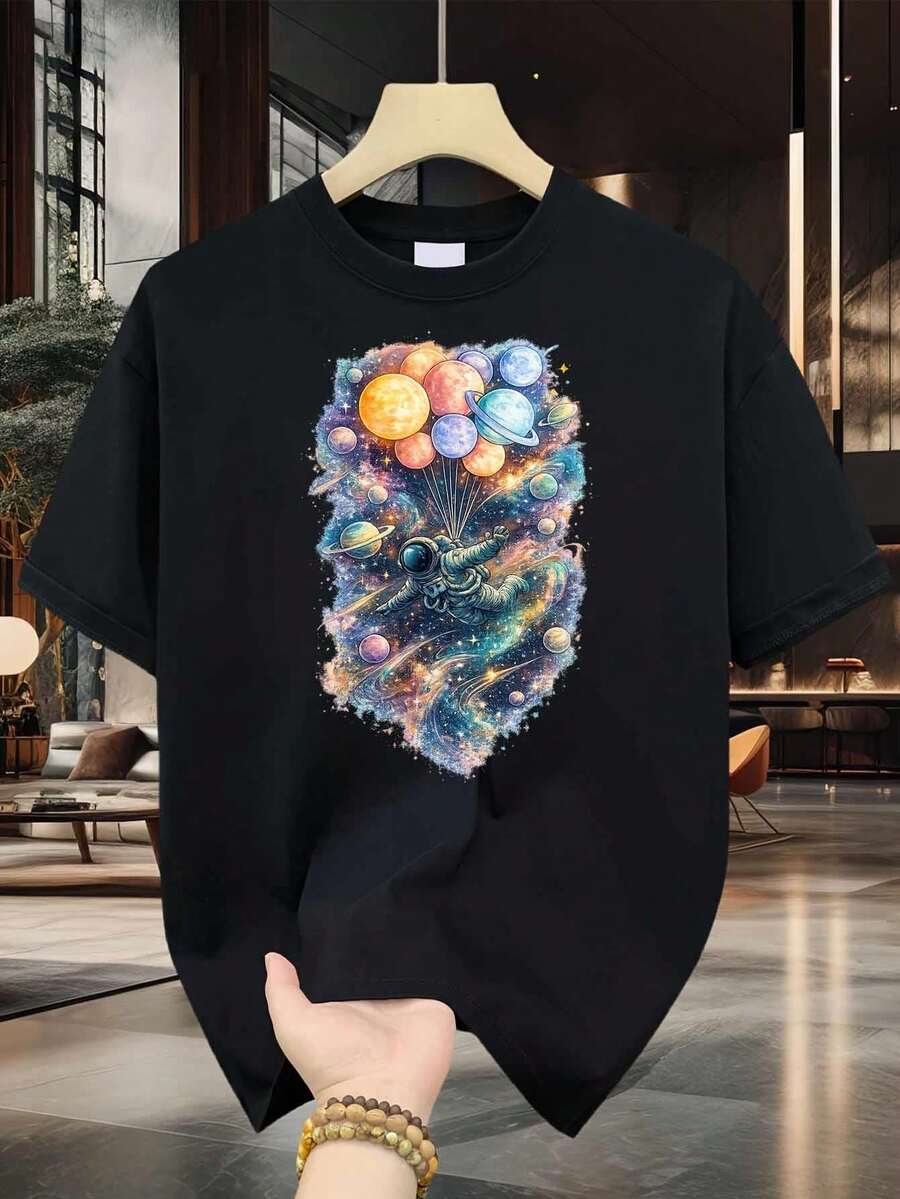 Camiseta de Algodón para Hombre con Estampado de Astronauta, Planeta Espacial y Globo, Algodón de Alta Calidad, Impresión Premium, Duradera, Casual y a.