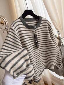 Plus Size Women's Autumn/Winter Striped Knit Cardigan, Round Neck Single-Breasted Long Sleeve, Loose Casual Daily Outerwear - Grey - View 4