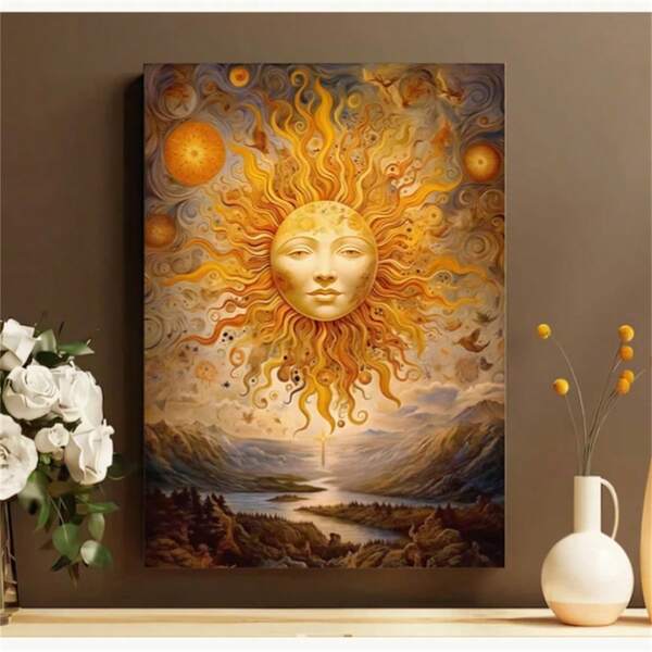 1件波希米亞太陽可列印繪畫，太陽海報，天體復古藝術，可列印神秘主義壁飾，宇宙學印花海報，帆布繪畫牆飾，房間家居裝飾，無框