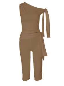 2pcs Women's Summer Simple Solid Color Asymmetrical Collar Top & 3/4 Pants Set - Khaki - View 7